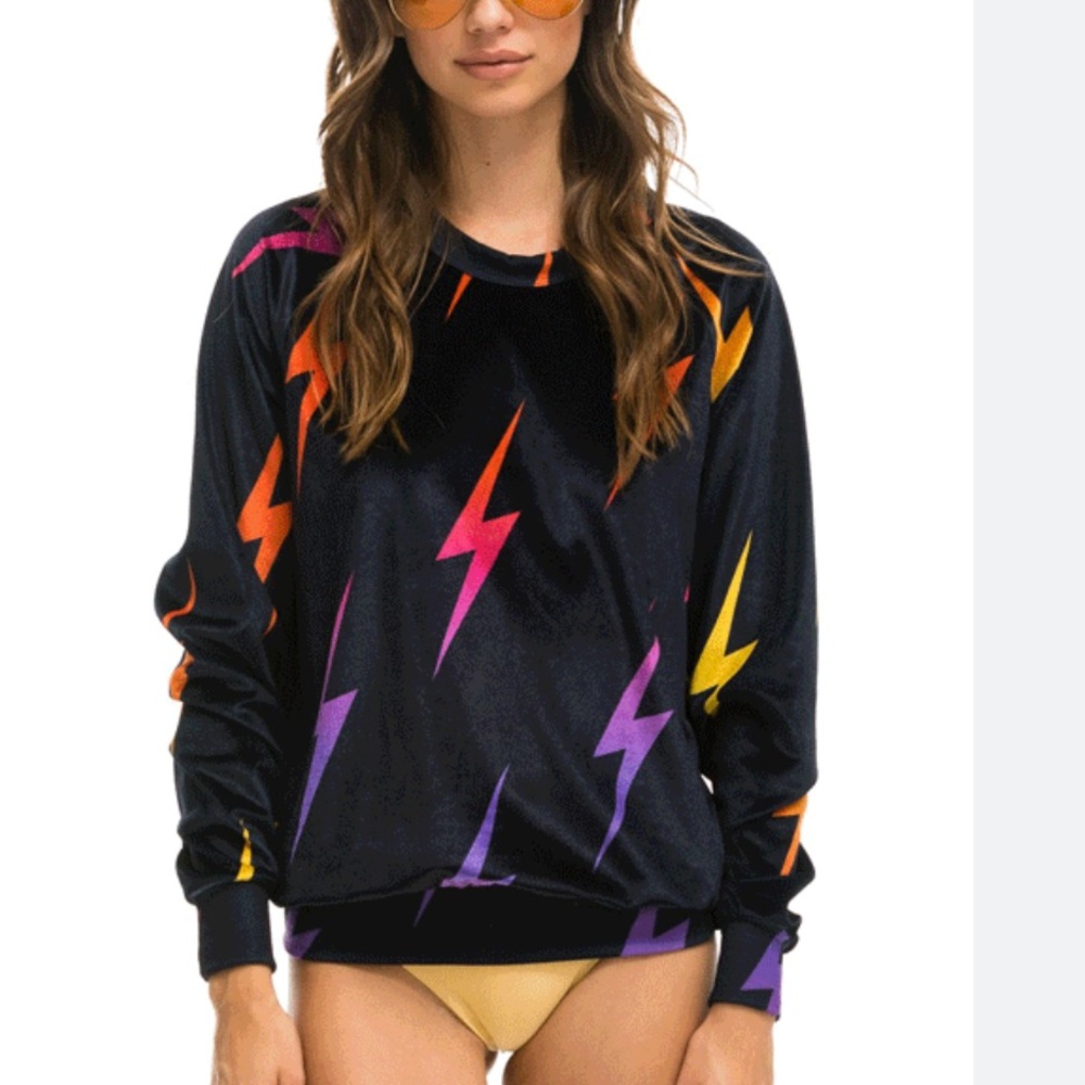Aviator Nation Velvet Bolt Crew Neck Sweatshirt Black Pink Orange Purple Small